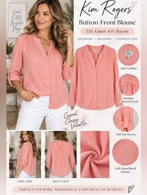 Kim Rogers Pink Button-Front Long-Sleeve Blouse